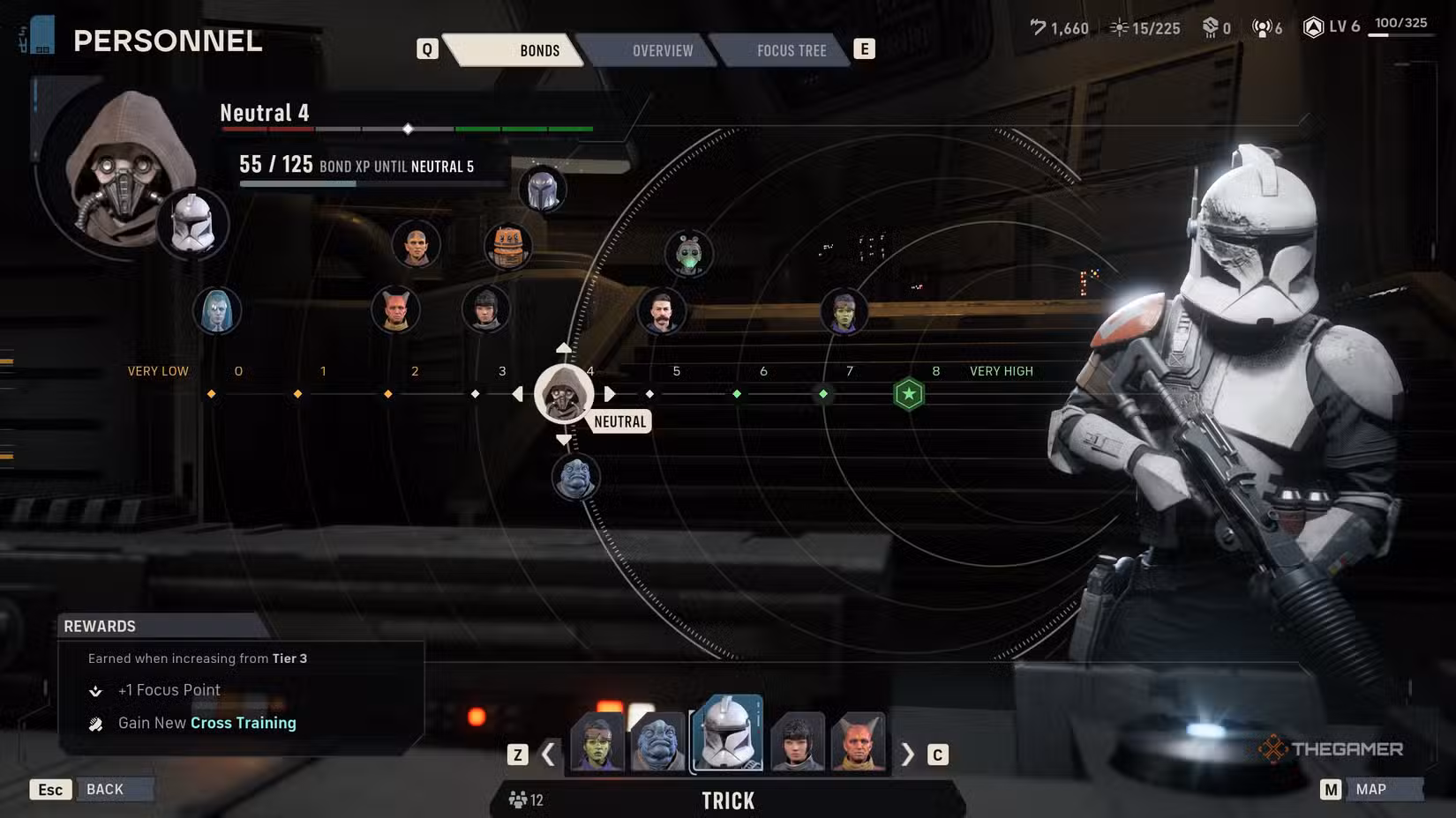 Schermata che mostra l’aumento del livello di bond tra gli operatori in Star Wars Zero Company.