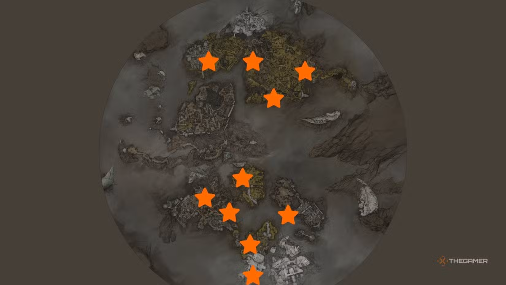 Mappa di Mortal Shell 2 con i frammenti segnati da stelle arancioni