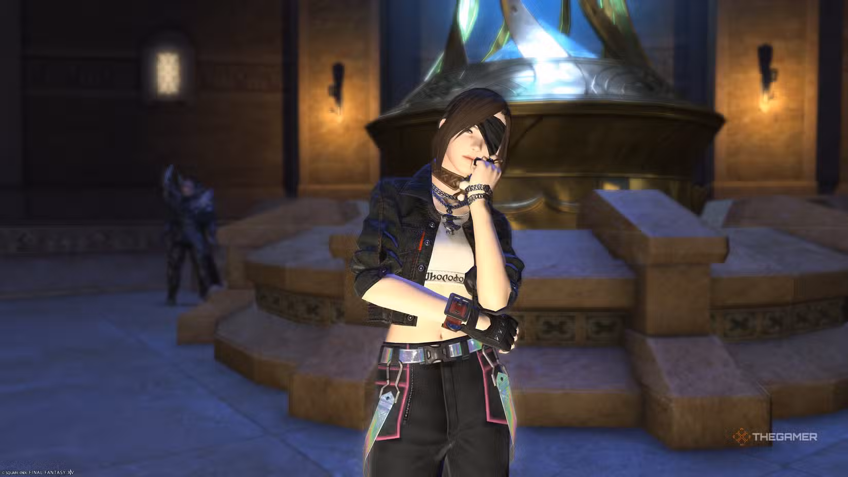 Giocatore che utilizza l'emote pensierosa in Final Fantasy 14 su Nintendo Switch 2