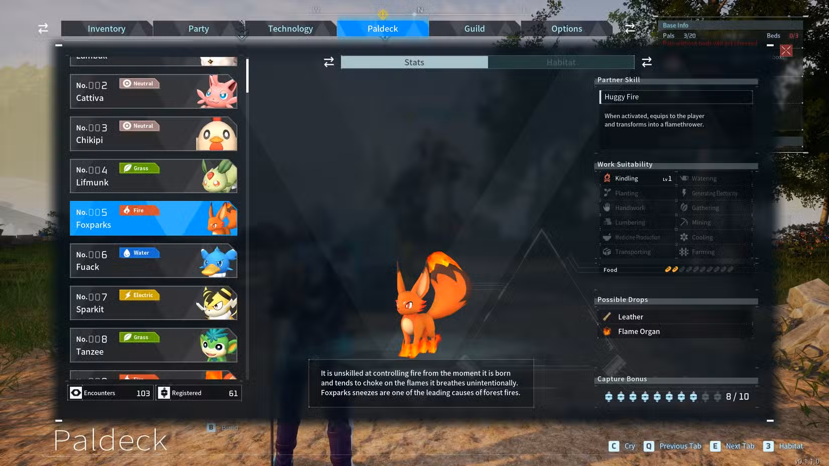 Immagine del menu Foxsparks in Palworld