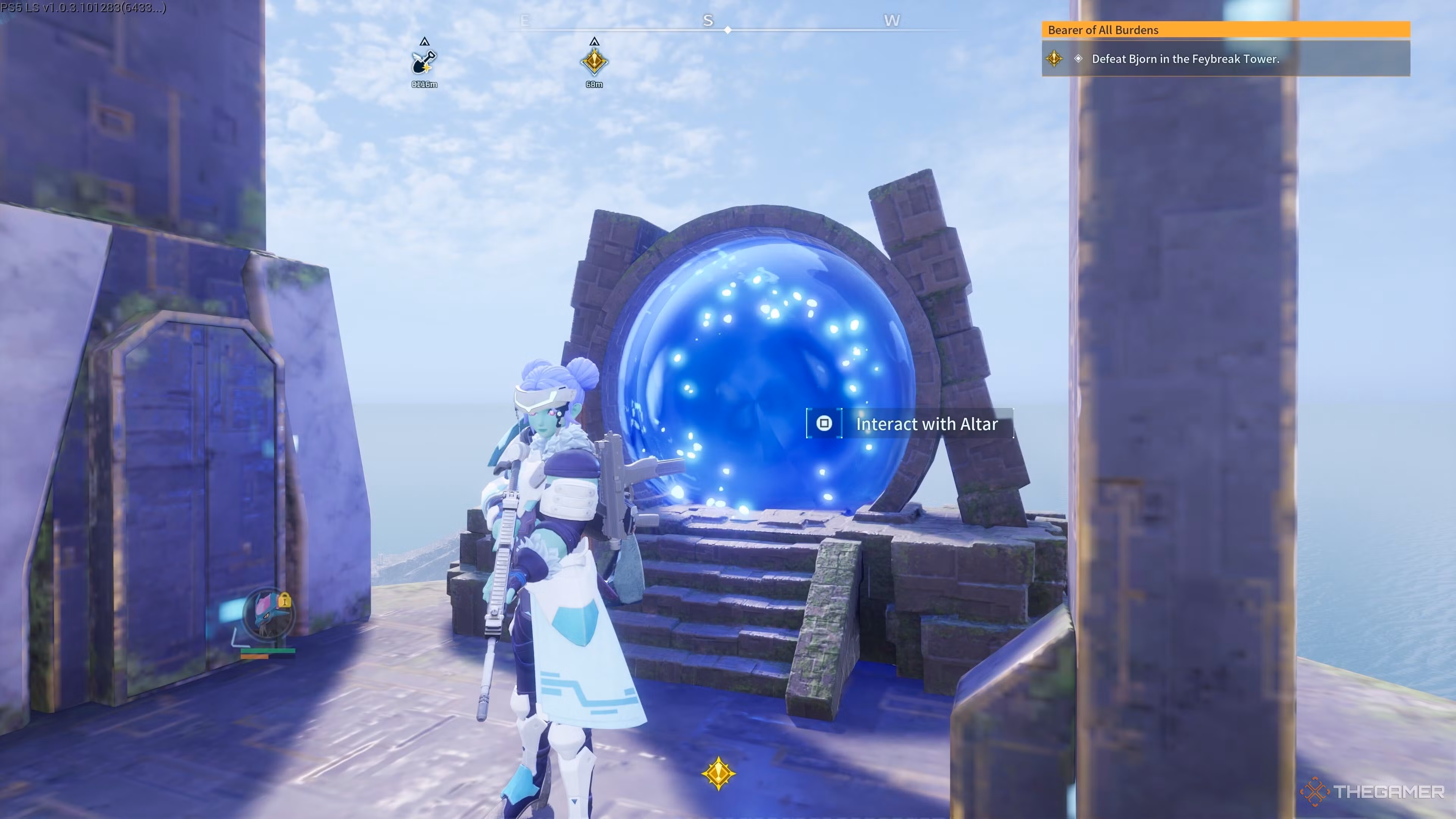 Giocatore che interagisce con l'altare Feybreak per accedere a Sunreach Island in Palworld