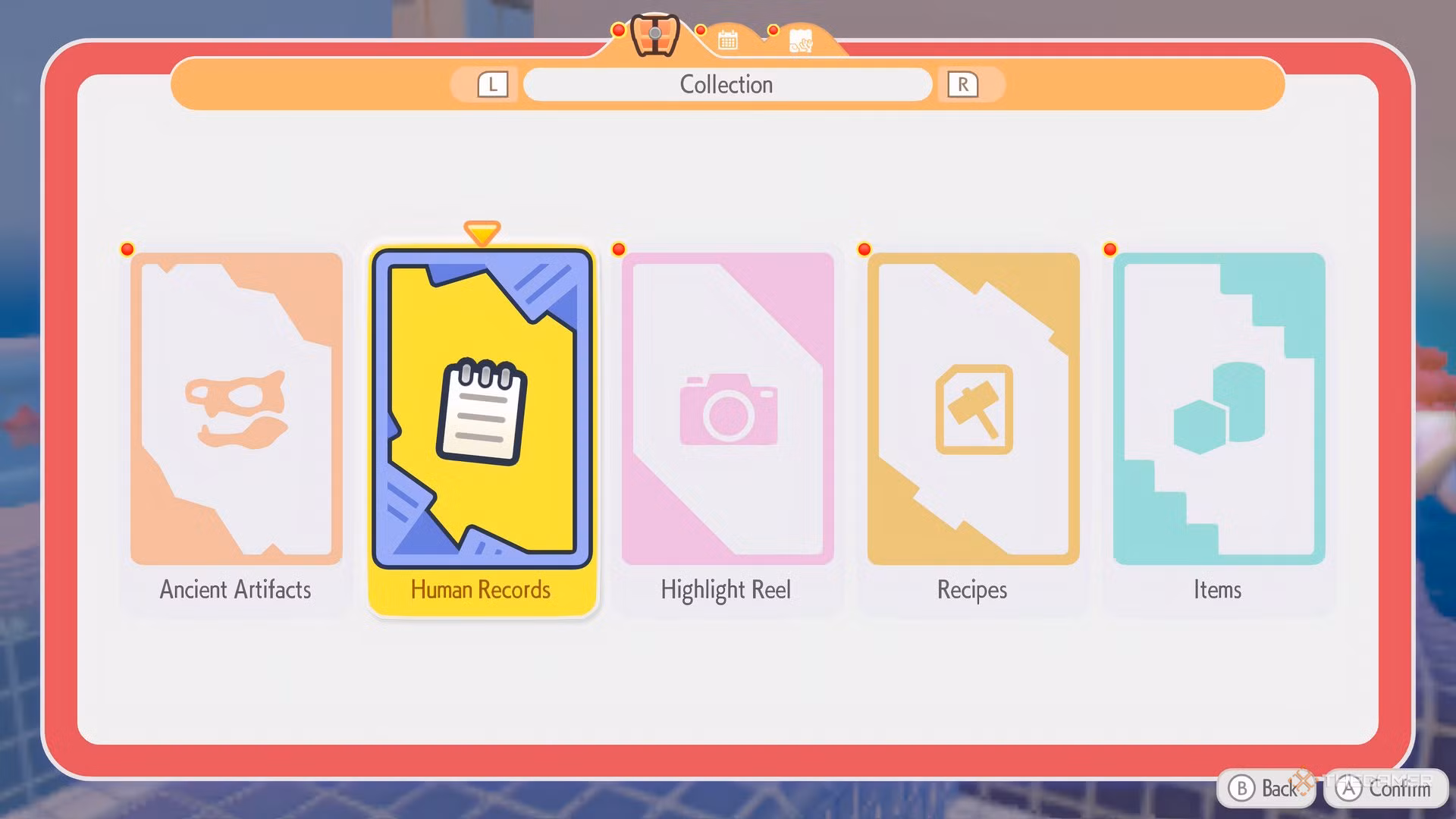 Schermata del menu Human Records in Pokemon Pokopia