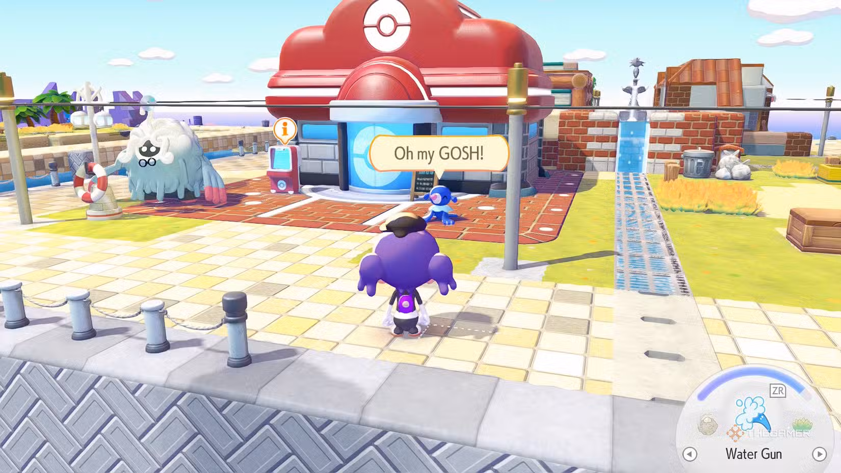 Popplio in attesa davanti al Centro Pokemon a Pokopia