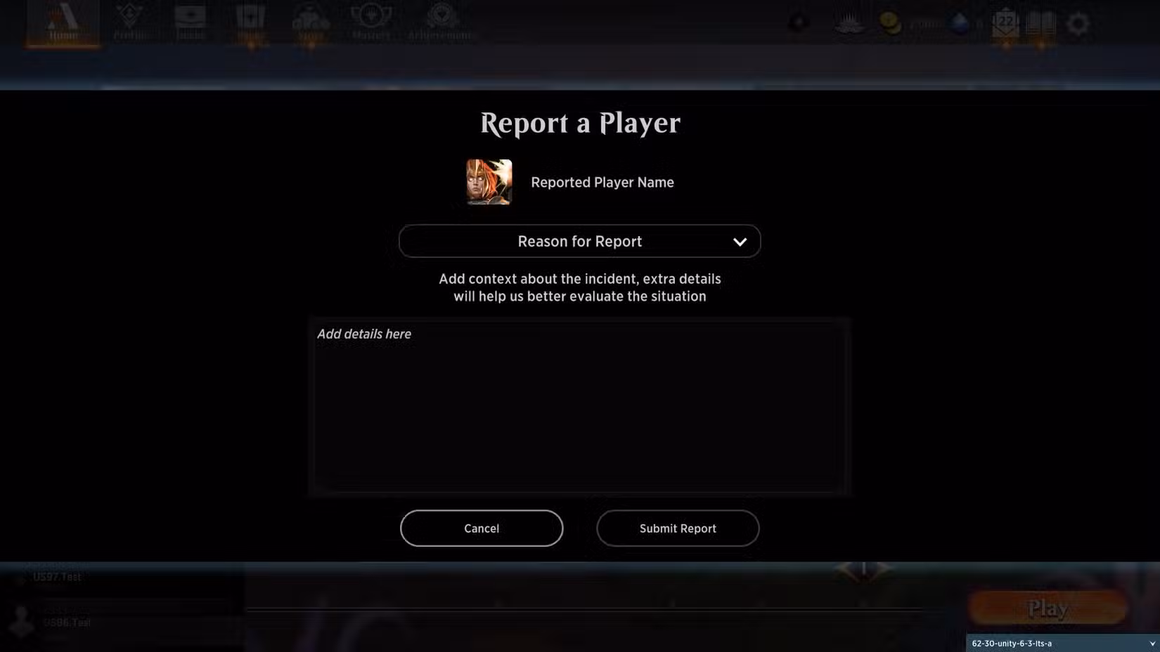 Schermata della segnalazione dei giocatori in MTG Arena