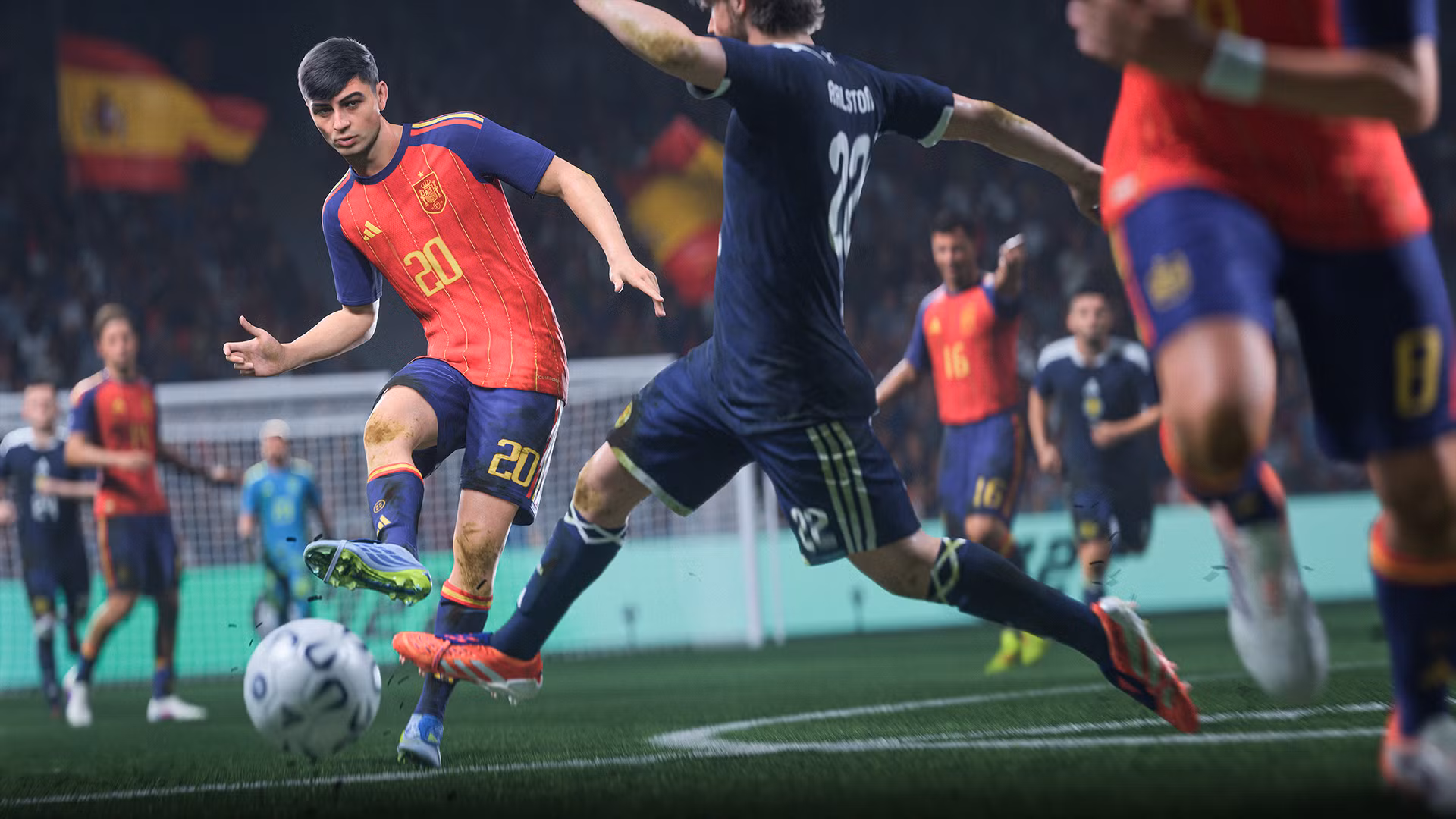 Pedri in divisa della Spagna mentre lancia un through ball in EA Sports FC 27